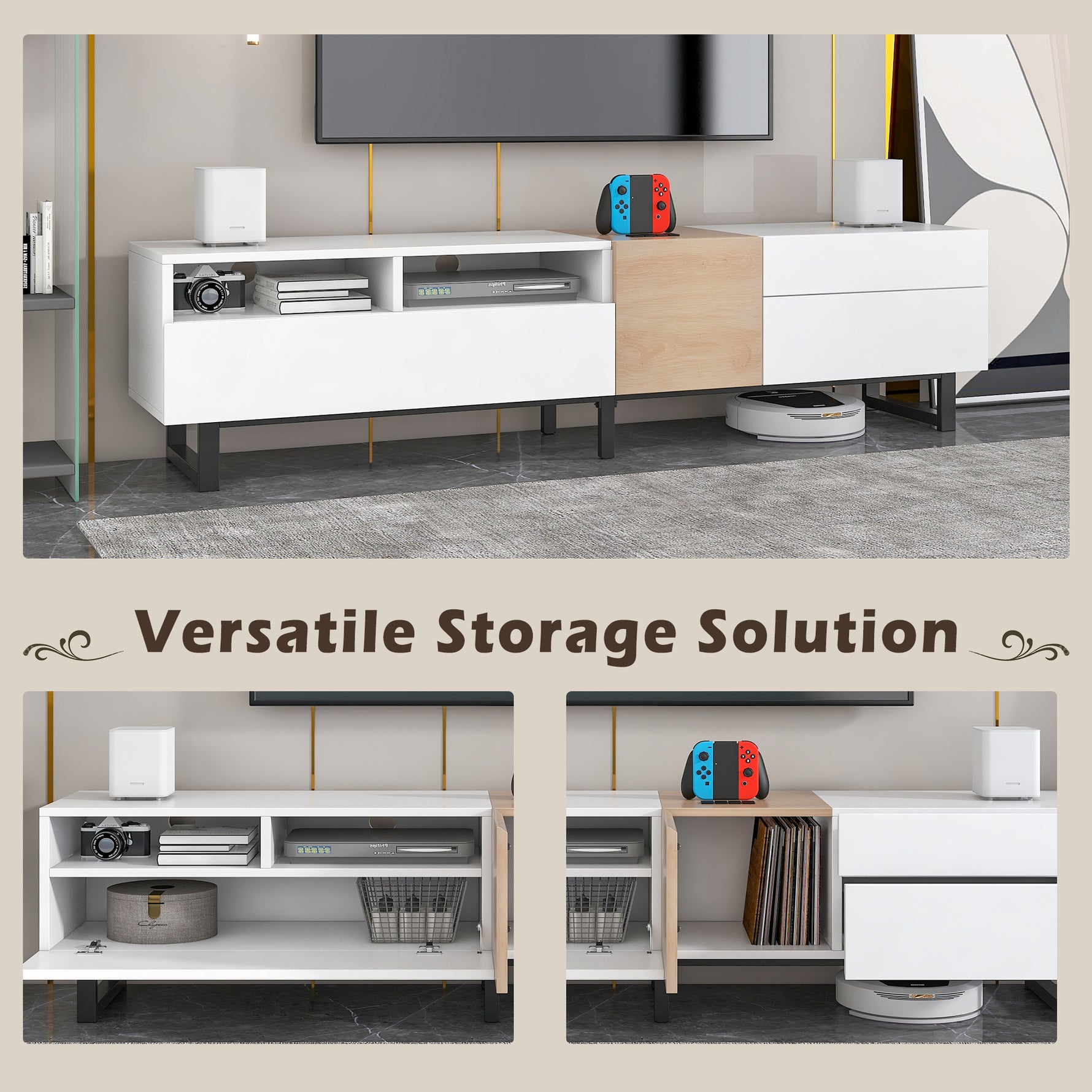 Meuble TV moderne en bois avec rangement, conçu par eprolo, visible avec étagères et espace pour appareils électroniques.