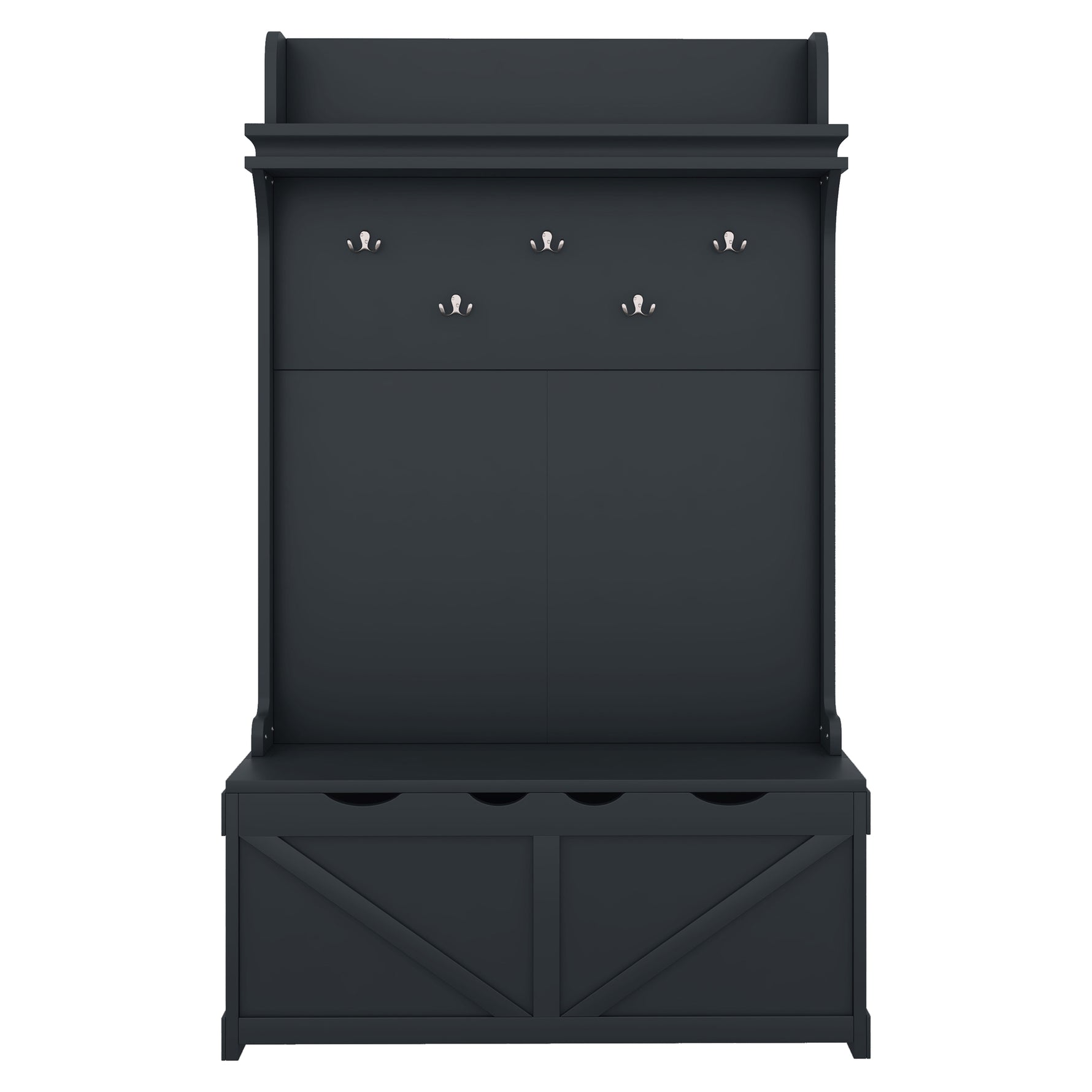 Armoire d'entrée eprolo avec bureau de rangement, 5 crochets, tiroirs et étagère en bleu foncé, pour organisation pratique.