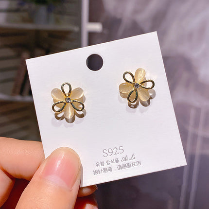 S925 Silver Needle Geometric Opal Temperament Diamond Earrings Simple