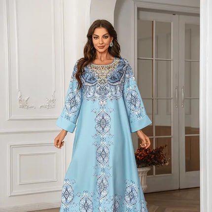 Printed Lace Detail Abaya Long Sleeved Extra Long Dress