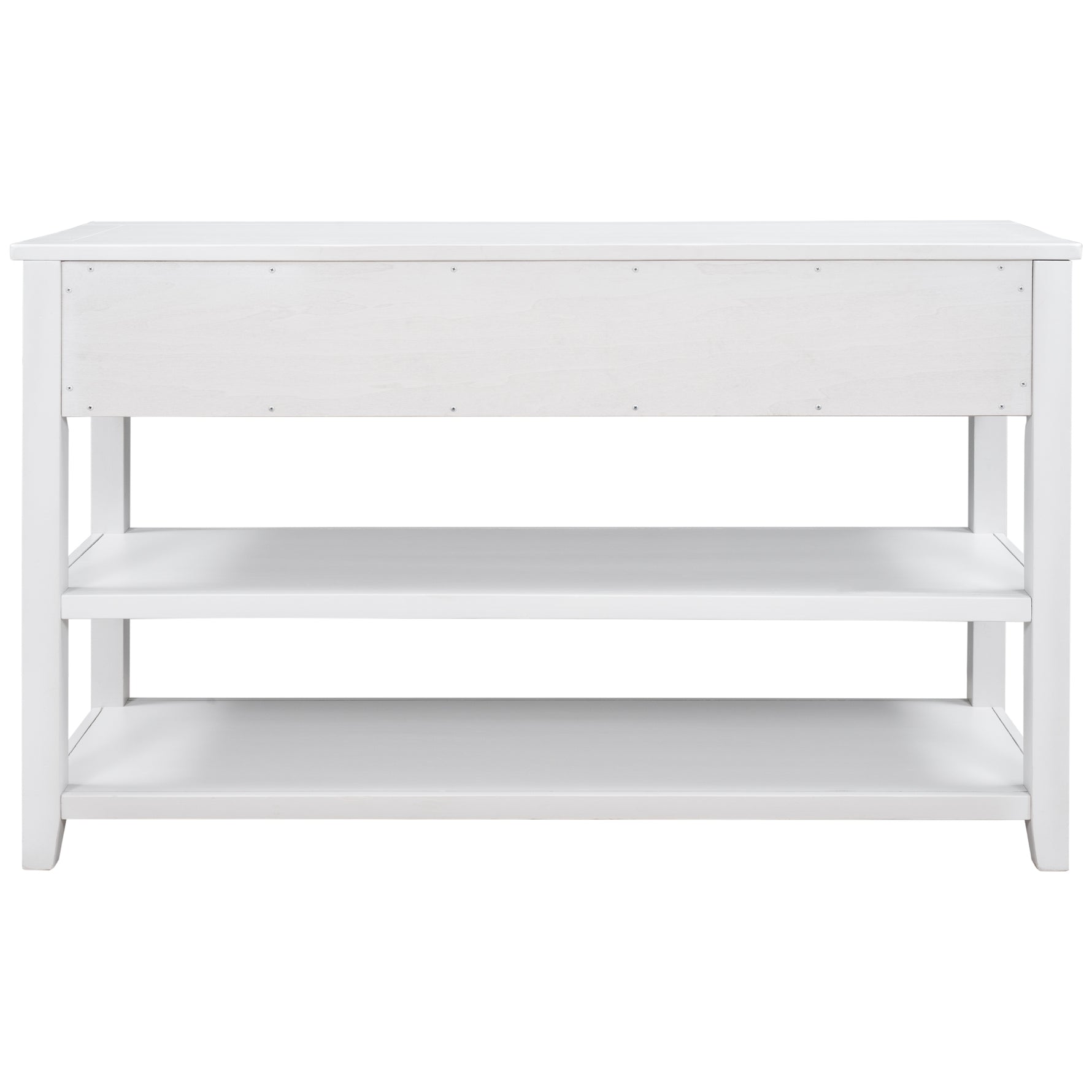 Console d'entrée au design rétro en bois de pin massif blanc antique, avec deux étagères ouvertes, pour salon.