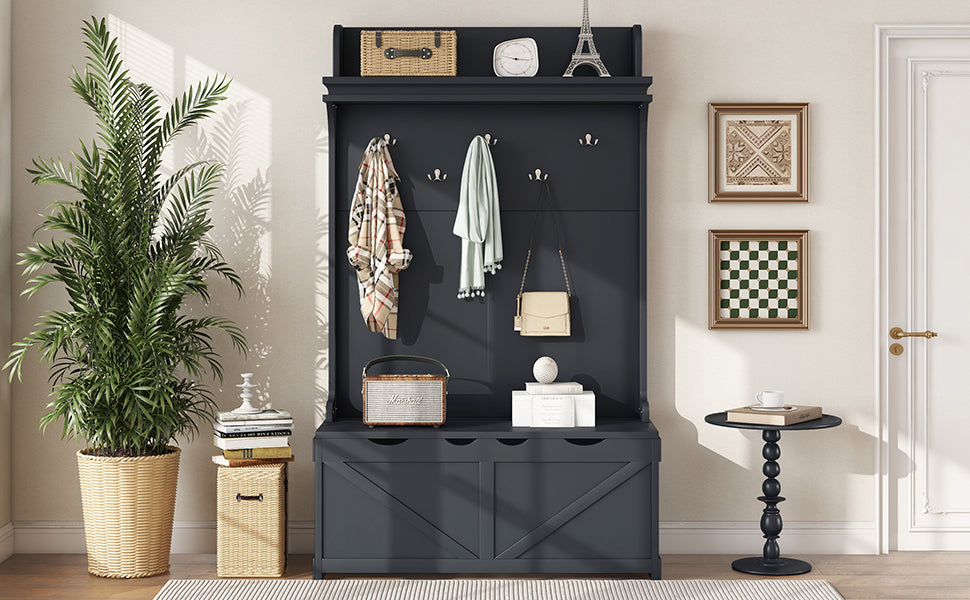 Armoire d'entrée avec bureau de rangement, 5 crochets, tiroirs et étagère en bois foncé, de la marque eprolo.