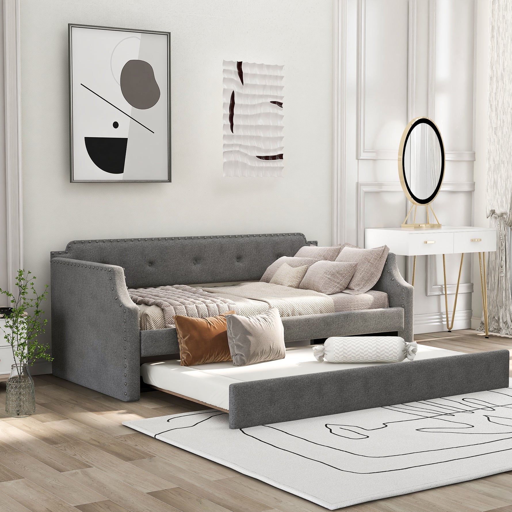 Lits de jour rembourrés eprolo avec tiroir de dessous, structure en tissu gris clair, design moderne pour salon ou chambre.
