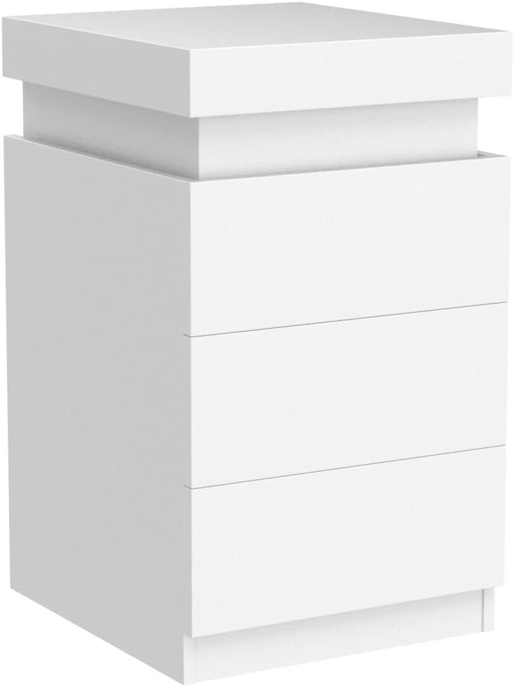 Lampe de chevet LED blanche eProlo sur une table de nuit moderne, éclairage doux et élégant pour la chambre.