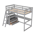 Lit mezzanine double avec bureau, étagères et tiroirs intégrés en gris, par eprolo, pour espace optimisé et rangement pratique.