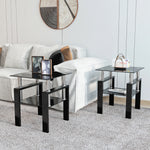 Set de 2 tables modernes en verre trempé noir, table basse carré pour salon, tables d'appoint élégantes et contemporaines.