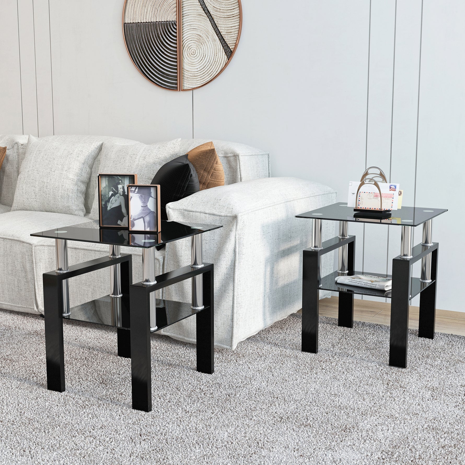 Set de 2 tables modernes en verre trempé noir, table basse carré pour salon, tables d'appoint élégantes et contemporaines.