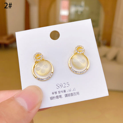 S925 Silver Needle Geometric Opal Temperament Diamond Earrings Simple