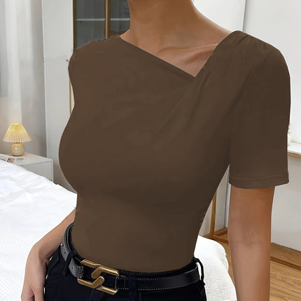 Ladies' Solid Color Asymmetrical Collar Fashionable T-shirt