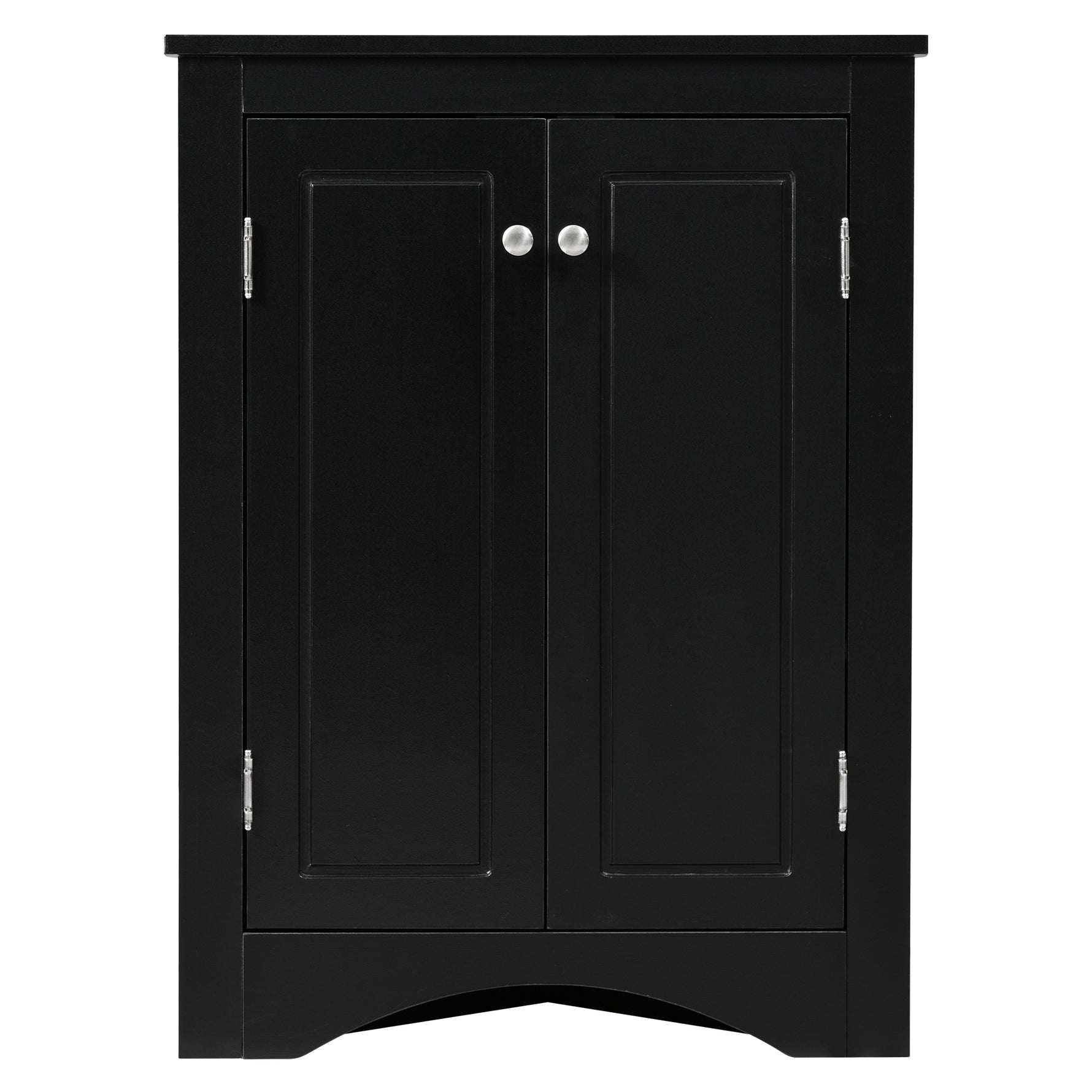 Armoire de rangement noire en triangle pour salle de bain, avec étagères réglables, meuble autoportant pour cuisine ou salle de bain.