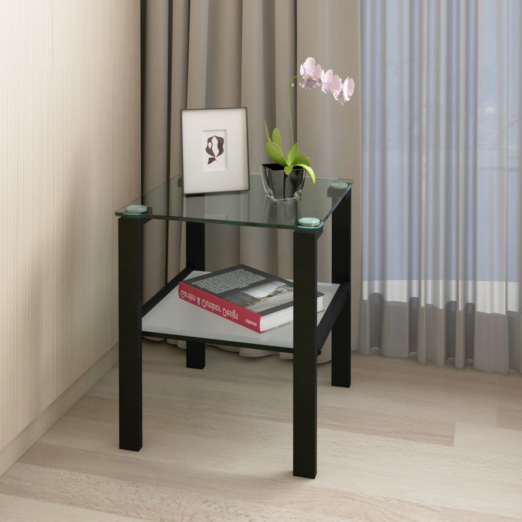Table de salon en verre à deux couches, petite table ronde noire pour chambre ou salon, par eprolo.