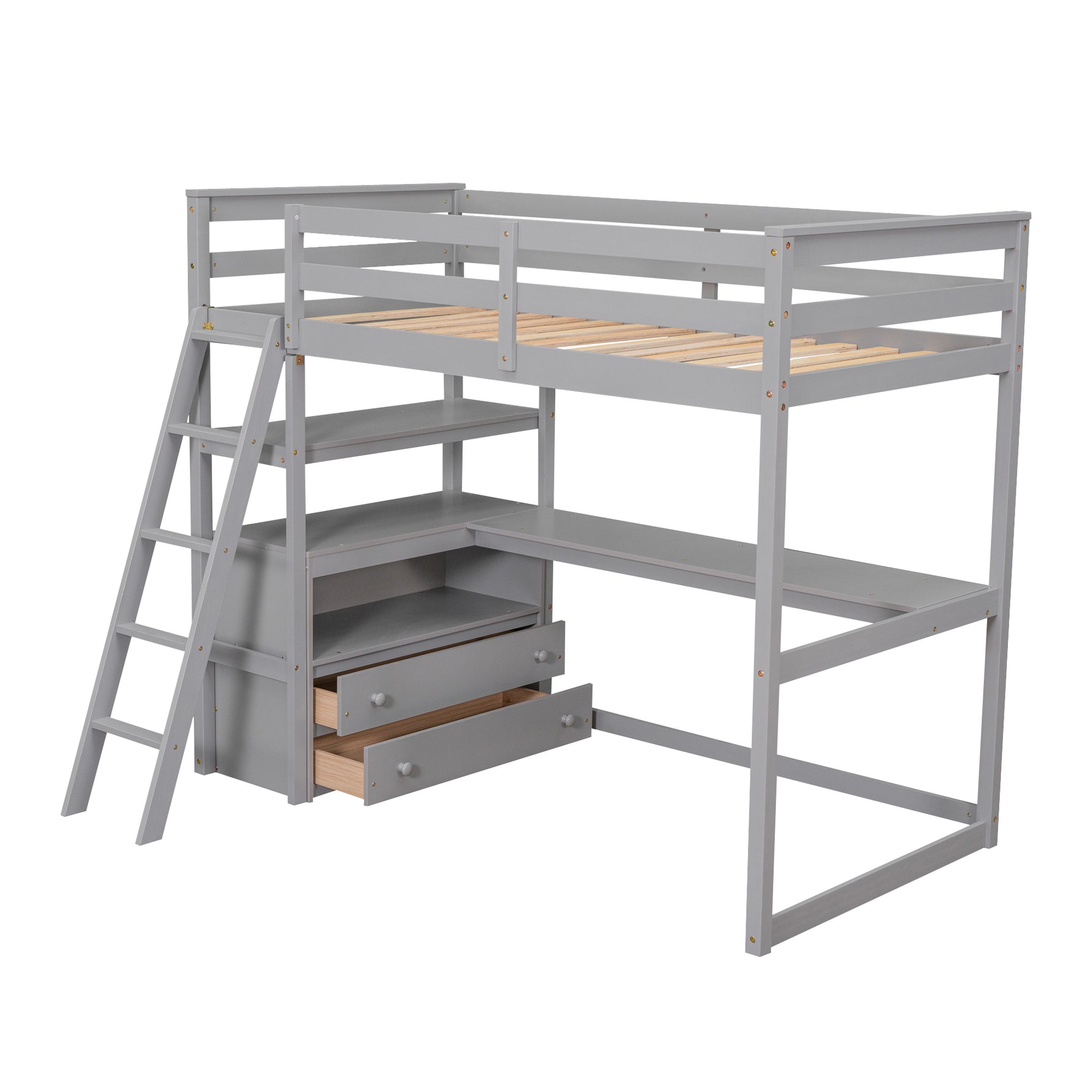 Lit mezzanine pour deux personnes avec bureau, étagères et tiroirs intégrés, en gris, par eprolo.