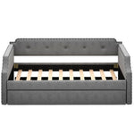 Canapé-lit capitonné avec tiroir, style élégant, tissu beige, cadre en bois robuste, parfait pour salon ou chambre d'amis.