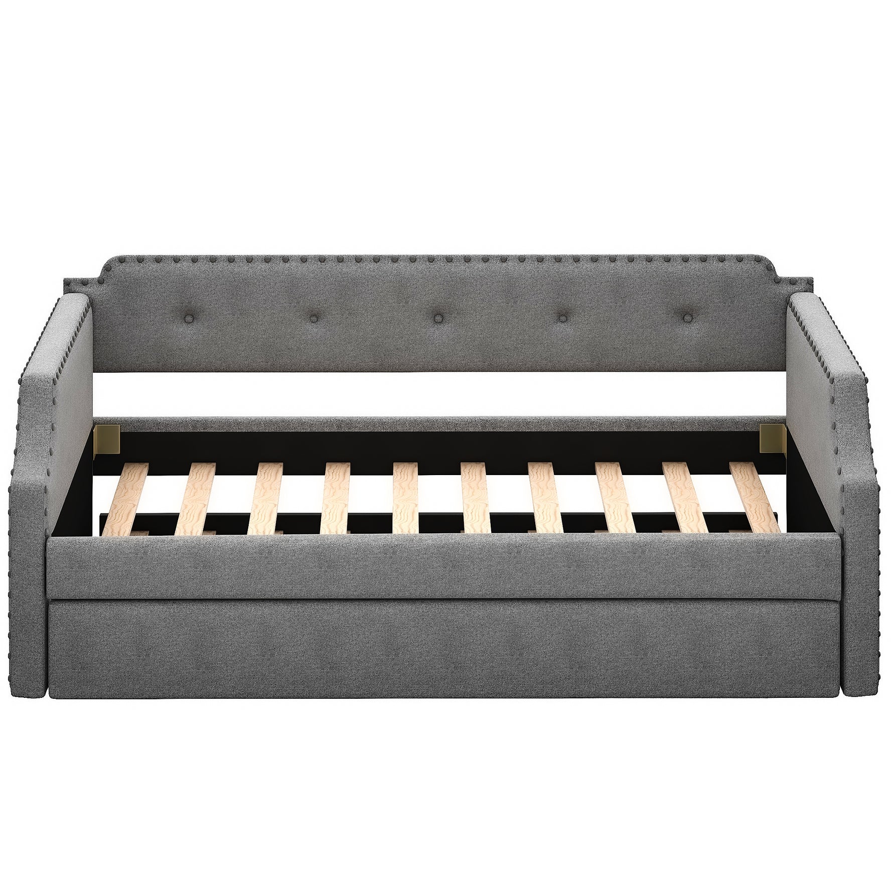 Canapé-lit capitonné avec tiroir, style élégant, tissu beige, cadre en bois robuste, parfait pour salon ou chambre d'amis.