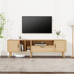 Support TV en bois eprolo Vine avec étagères et espace de rangement pour salon, visible dans l'image.