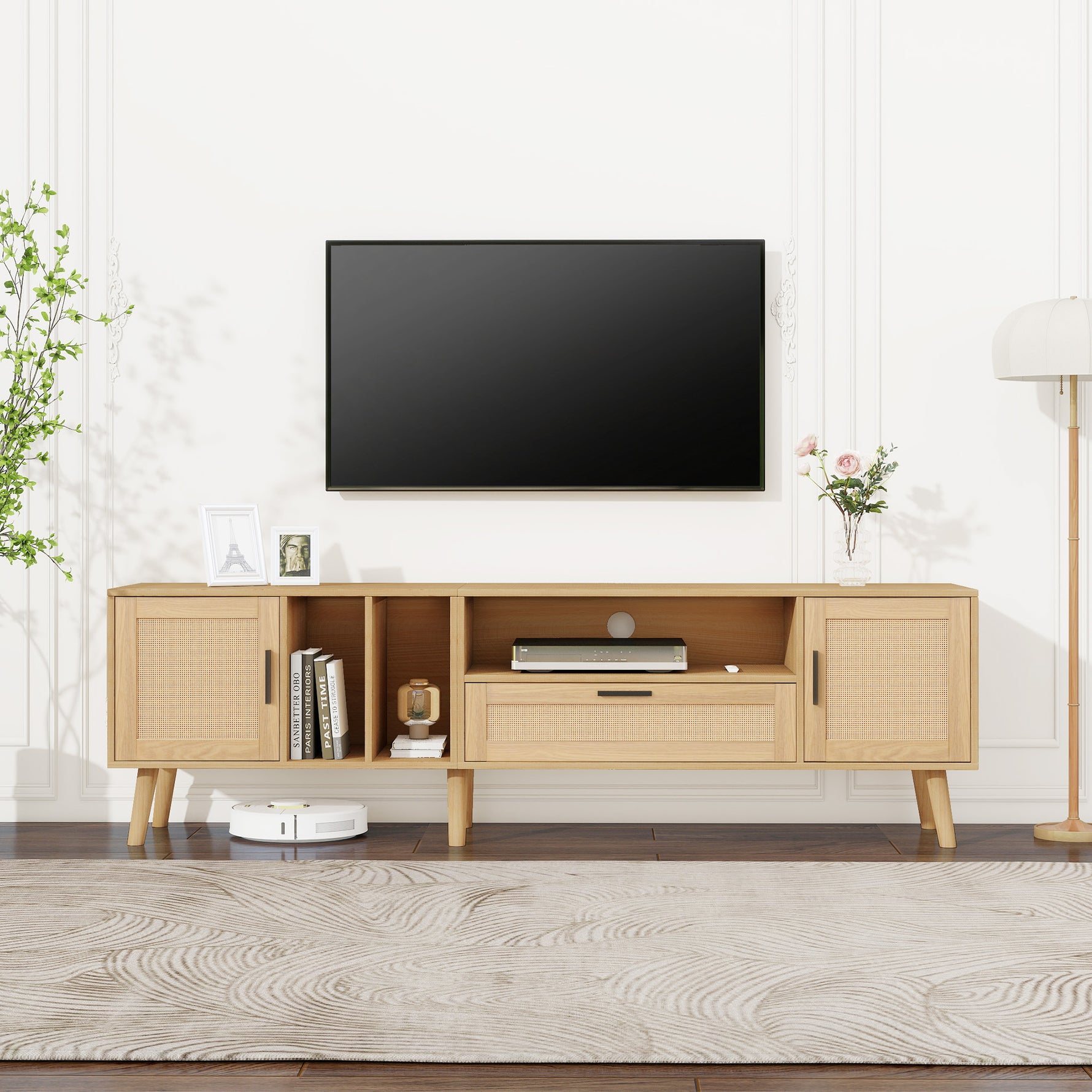 Support TV en bois eprolo Vine avec étagères et espace de rangement pour salon, visible dans l'image.