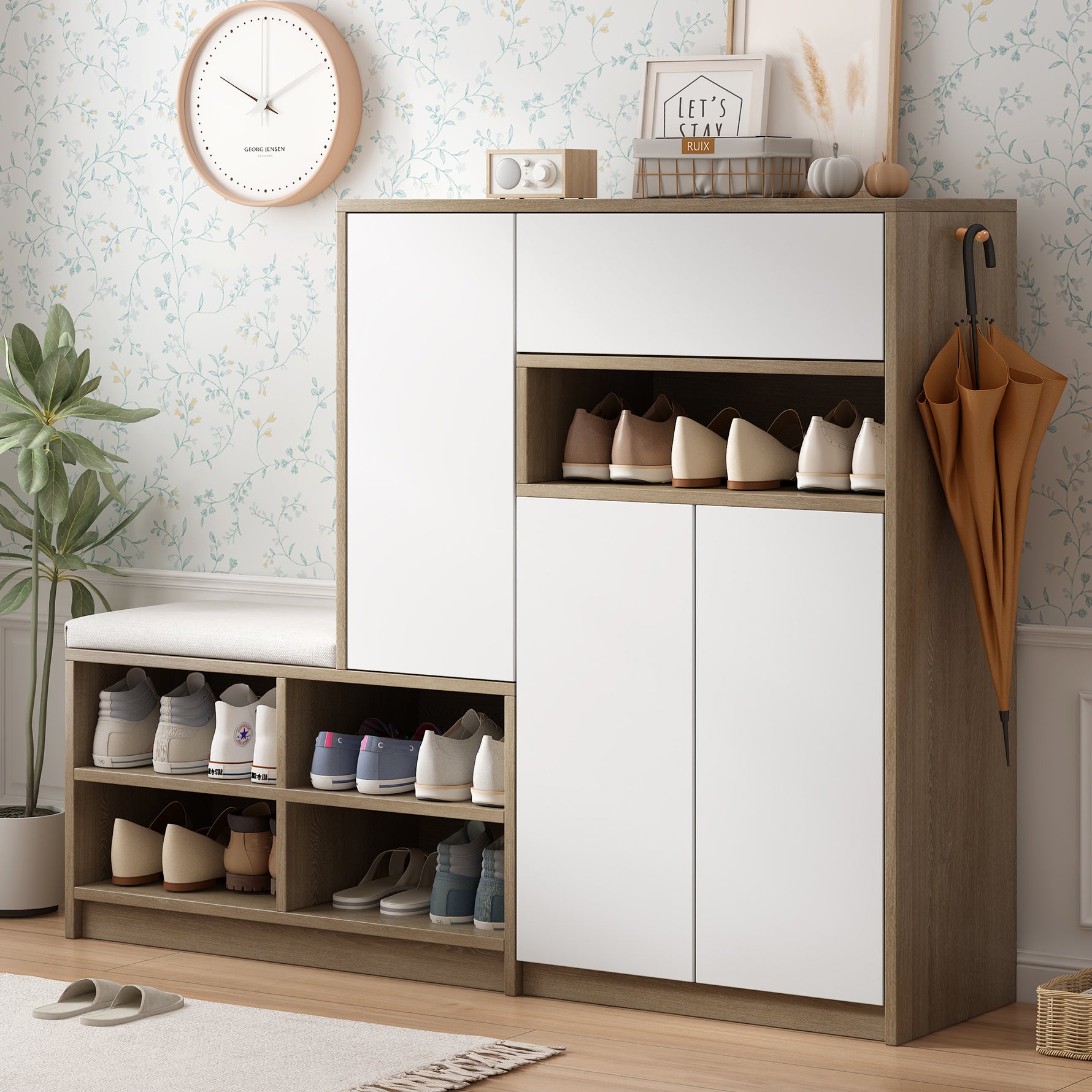 Meuble de rangement pour chaussures ON-TRANS eprolo, plateforme 2-en-1, avec sièges rembourrés et étagères réglables, blanc