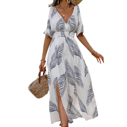 Tropical Floral Print V-neck Split Dress For A Vacation Vibe