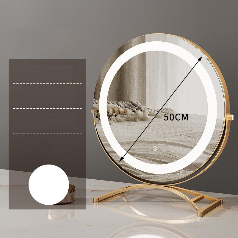 Miroir de maquillage rond noir pour table, avec LED lumineux, par eprolo, idéal pour application de maquillage sur bureau.