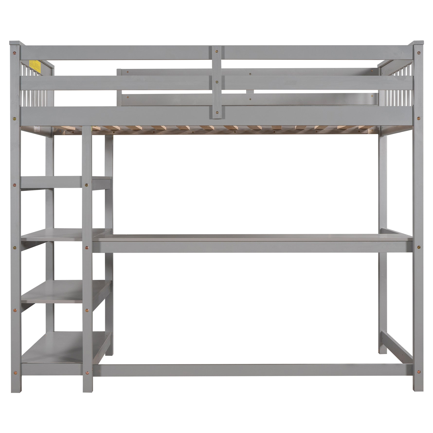 Lit mezzanine double avec rangements, étagères et bureau sous le lit en gris, par eprolo, vue d'ensemble.