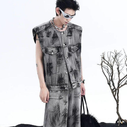 American Street Graffiti Padded Shoulder Sleeveless Denim Coat