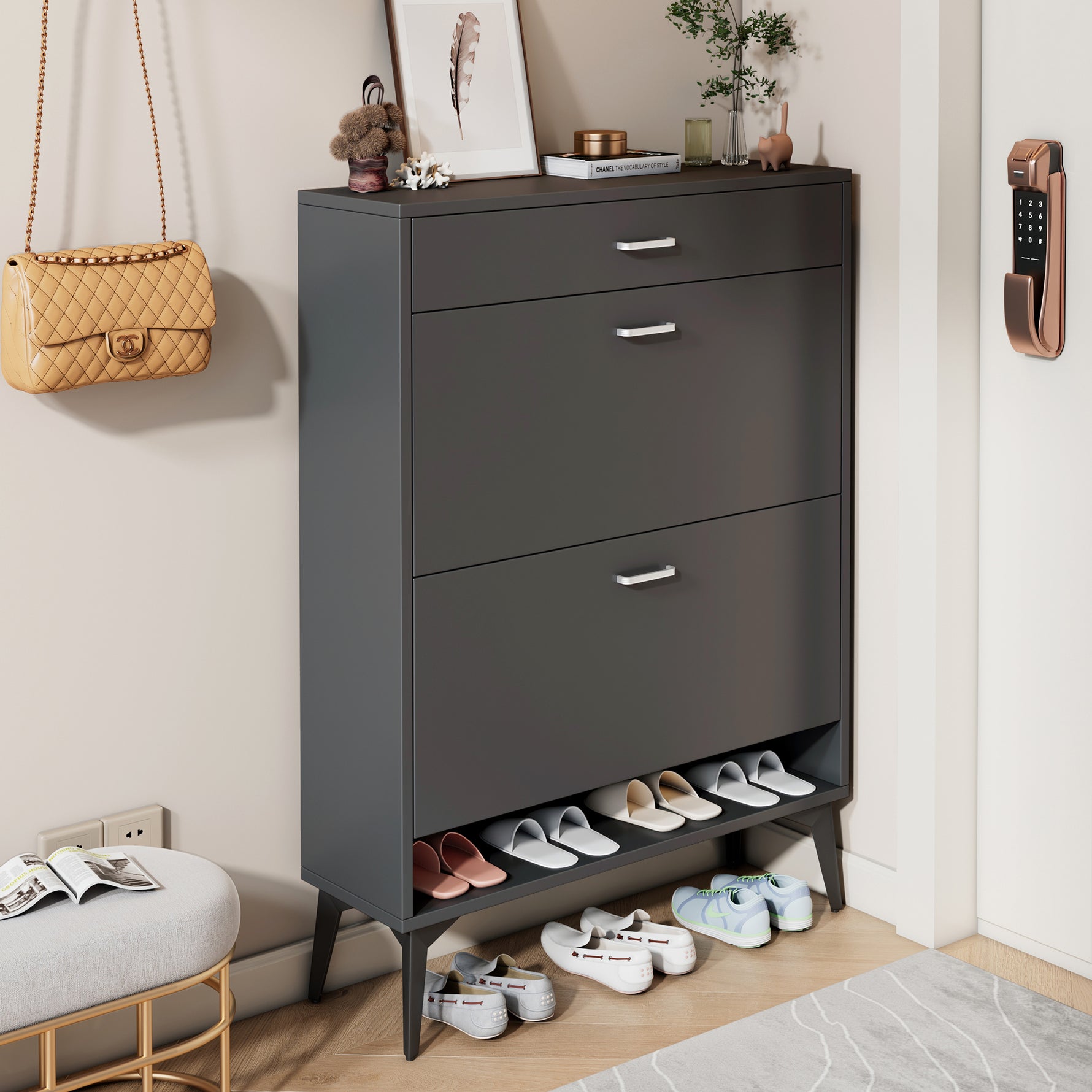 Armoire à chaussures eprolo gris avec étagères de rangement pour chaussures, design pratique et moderne.
