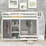 Lit mezzanine fonctionnel eprolo blanc avec 3 étagères, 2 armoires, 2 tiroirs, échelle avec rangement, sans sommier.