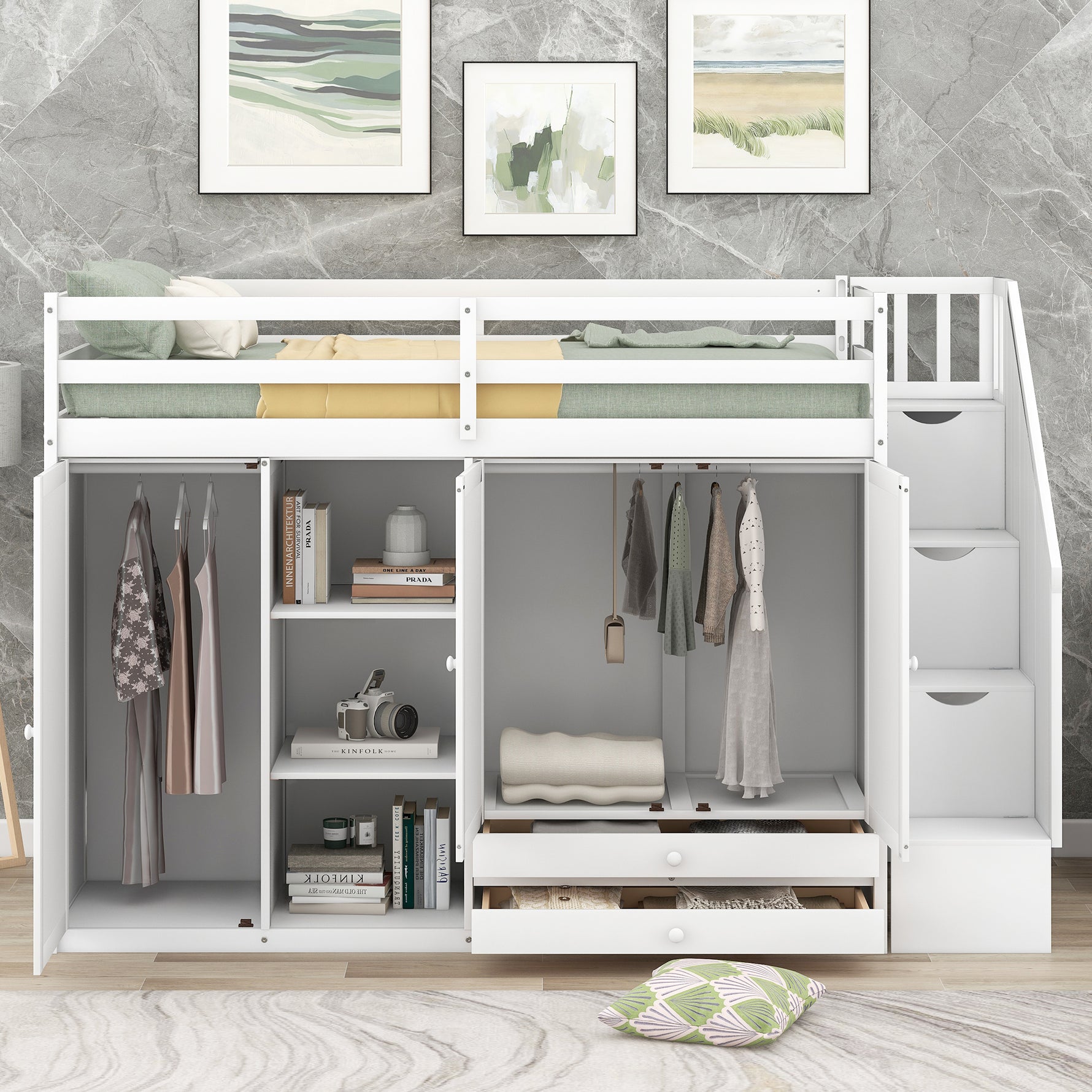 Lit mezzanine fonctionnel eprolo blanc avec 3 étagères, 2 armoires, 2 tiroirs, échelle avec rangement, sans sommier.
