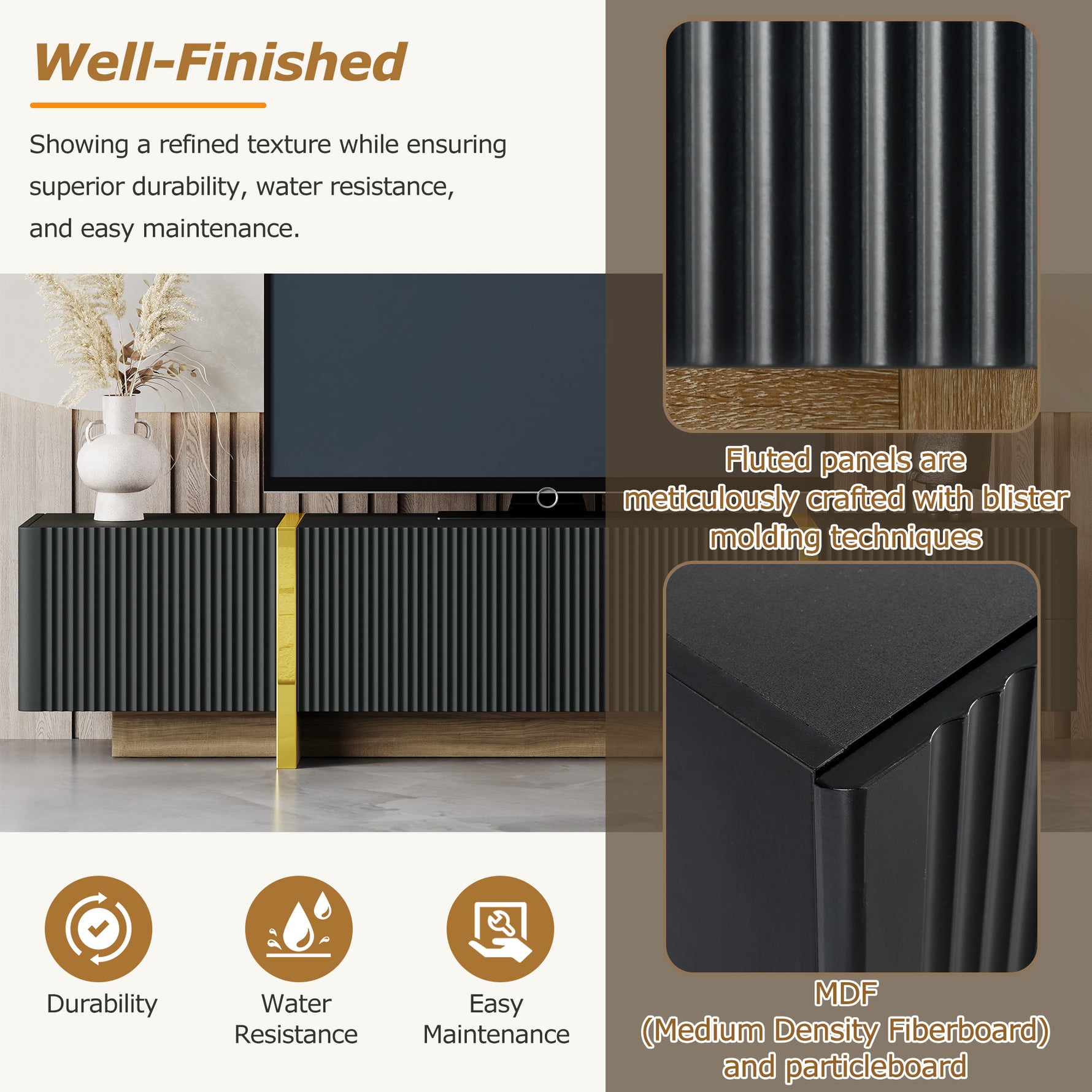 Meuble TV moderne noir eprolo avec rangements, pour téléviseurs jusqu'à 80 pouces, design élégant et compartiments de rangement.