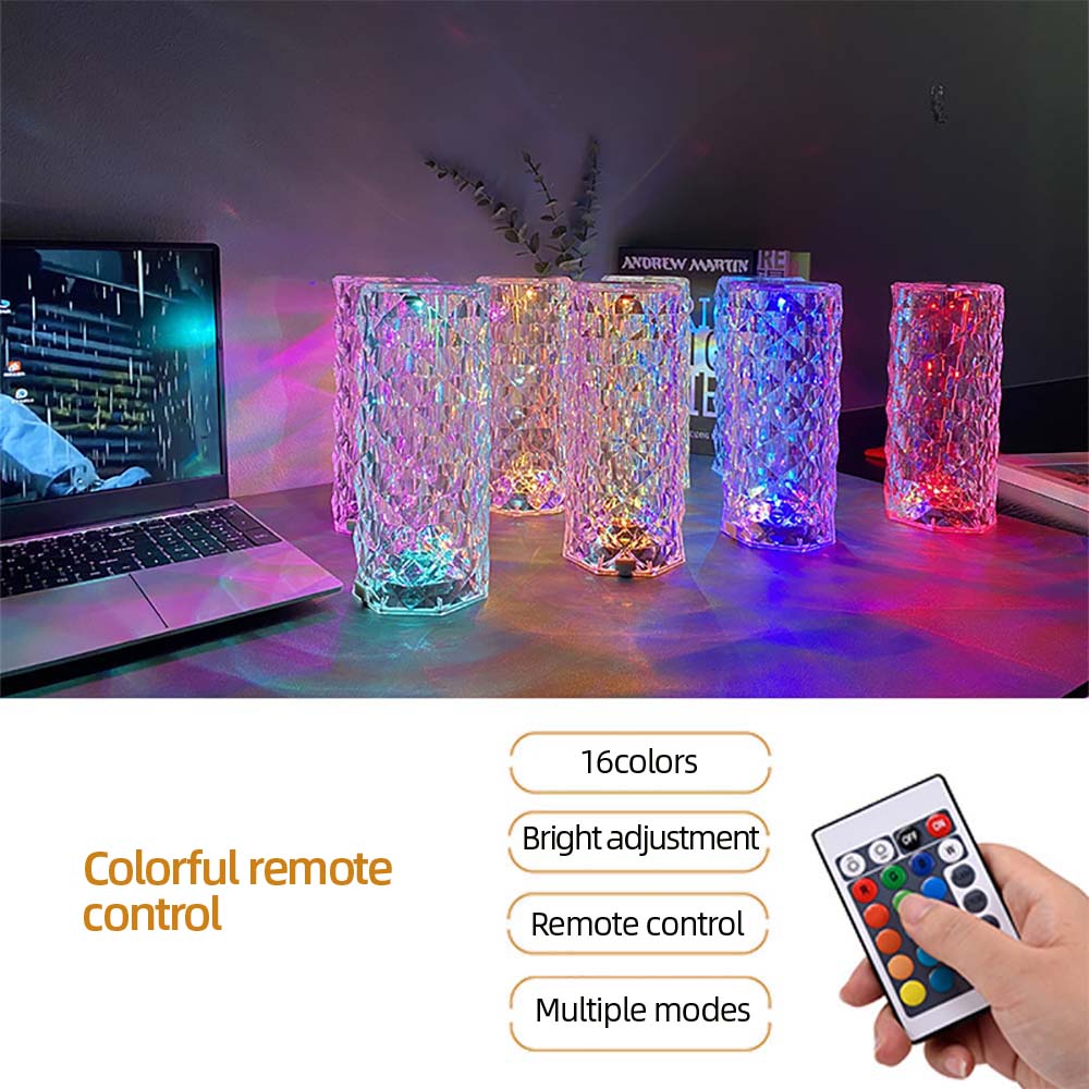 Lampe de bureau en acrylique cristal eprolo avec lumière romantique rose, réglable, rechargeable USB, décor de chambre élégant.