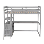 Lits mezzanine jumeau gris avec bureau, étagères, tiroirs intégrés et espace de rangement, par eprolo, vue de l'ensemble.