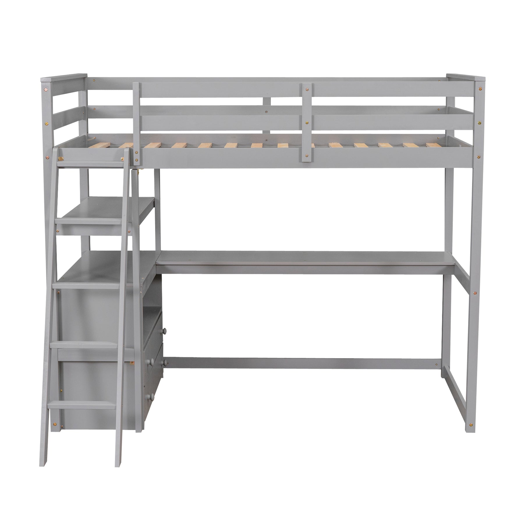 Lits mezzanine jumeau gris avec bureau, étagères, tiroirs intégrés et espace de rangement, par eprolo, vue de l'ensemble.