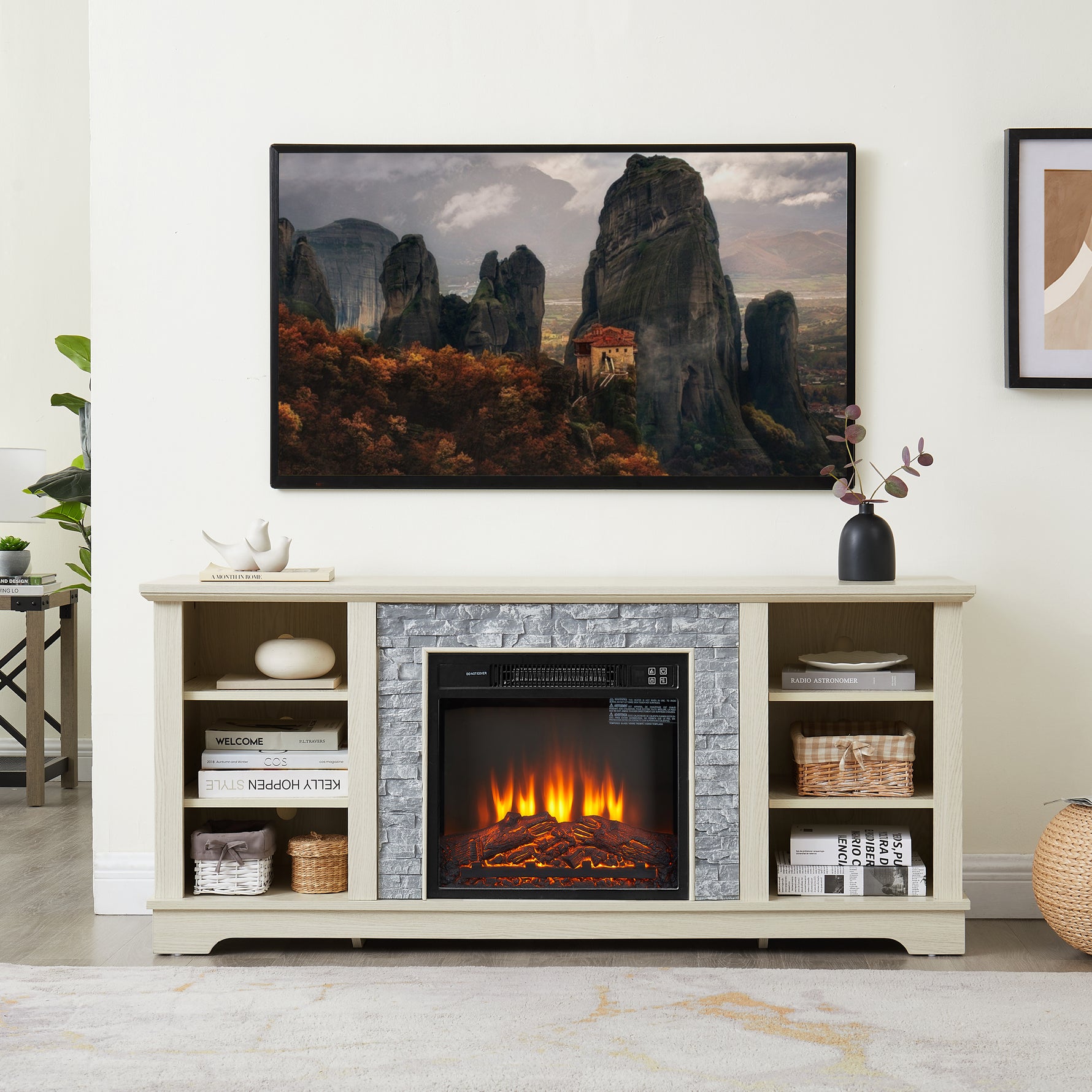 Meuble TV blanc avec cheminée électrique en pierre, console de rangement ouverte et insert de 18 pouces, de la marque eprolo.