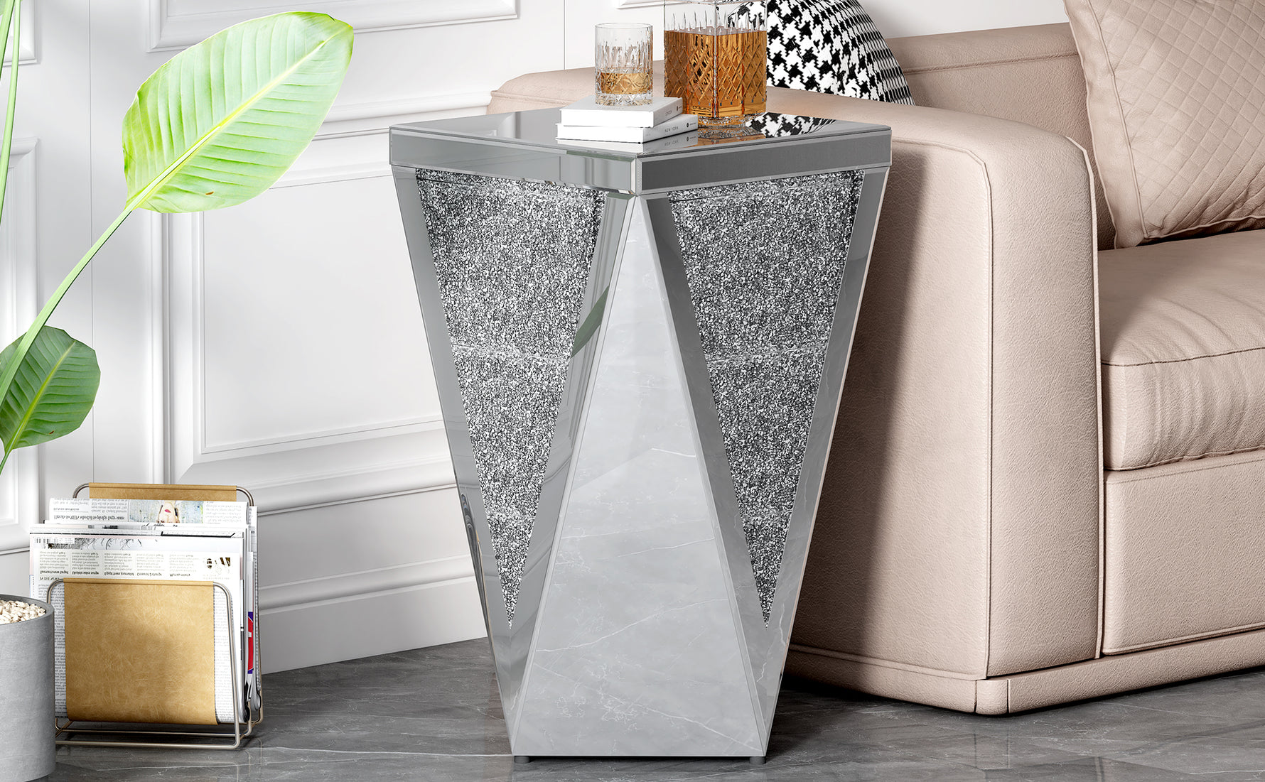 Table d'appoint en miroir carré argenté de 13,8'' avec diamants concassés, style moderne, sans montage, pour salon.