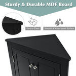 Armoire de rangement noire en triangle pour salle de bain, avec étagères ajustables, meuble autoportant pour cuisine ou salle de bain.