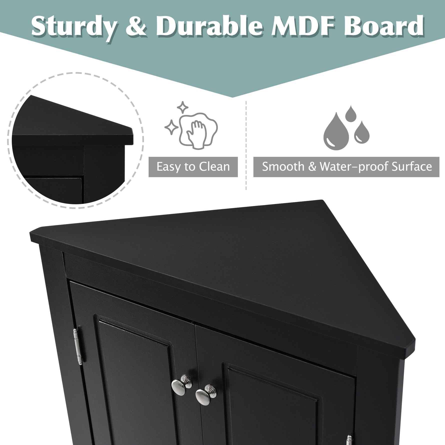 Armoire de rangement noire en triangle pour salle de bain, avec étagères ajustables, meuble autoportant pour cuisine ou salle de bain.