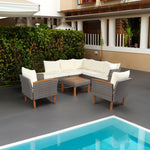 Ensemble de mobilier de patio en rotin eprolo, 9 pièces avec pieds en acacia, canapé, table basse et coussins beiges lavables.