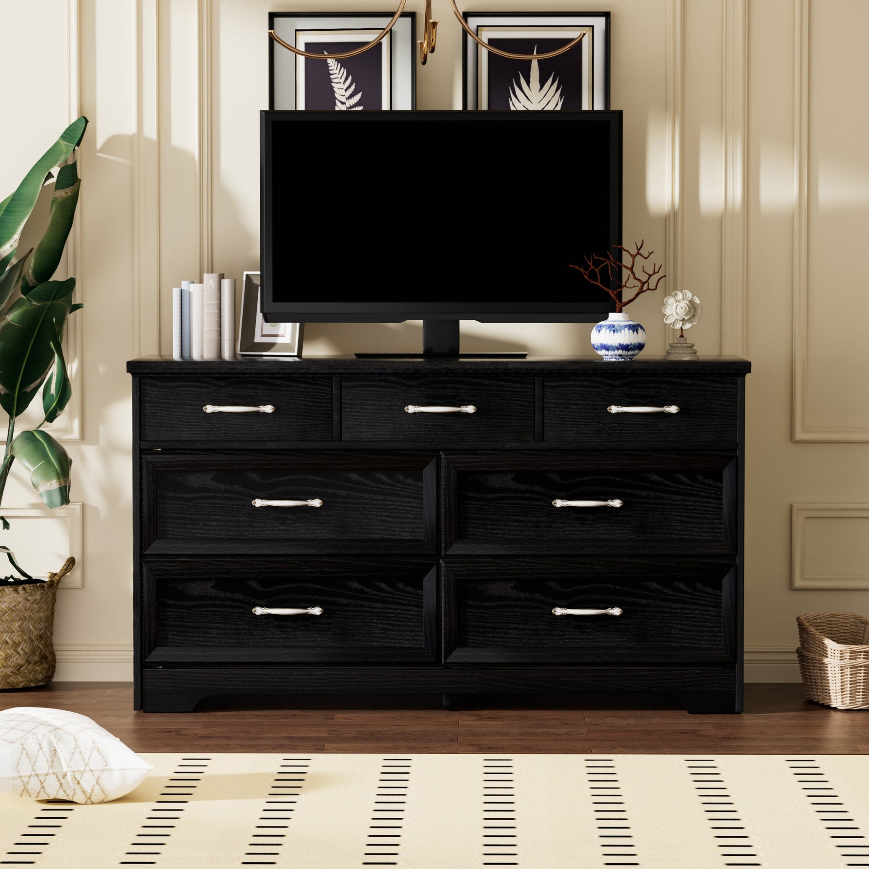 Commode moderne à 3 tiroirs eprolo, meuble de rangement noir avec poignées métalliques, dimensions 47,6''L x 15,7''W x 26,6''H