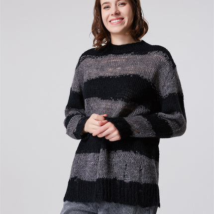 Women's New Mohair Ripped Striped Thin Crew Neck Sweater