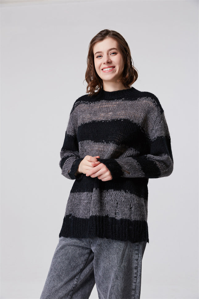 Women's New Mohair Ripped Striped Thin Crew Neck Sweater