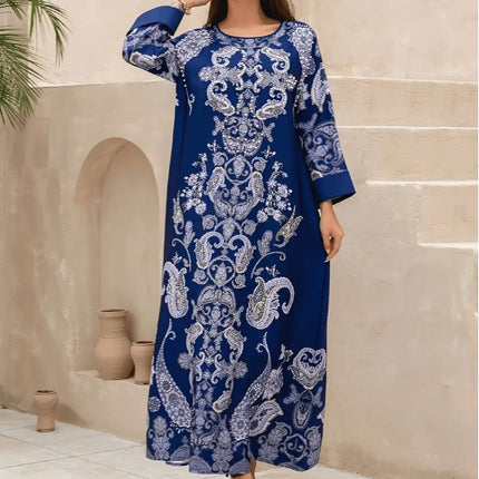 Elegant Floral Print Long Sleeve Abaya Dress