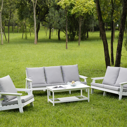 HIPS 3 Seater Sofa With Cushion, Wood Grain Outdoor Garden Sofa,White Grey