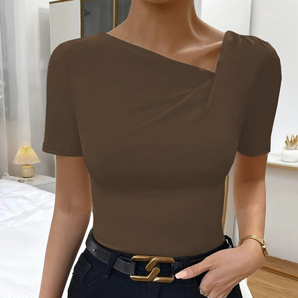 Ladies' Solid Color Asymmetrical Collar Fashionable T-shirt