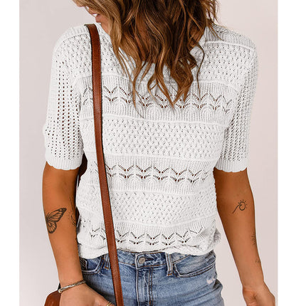 Round Neck Hollow-out Short-sleeved Shirt Knitted Crocheted Sweater