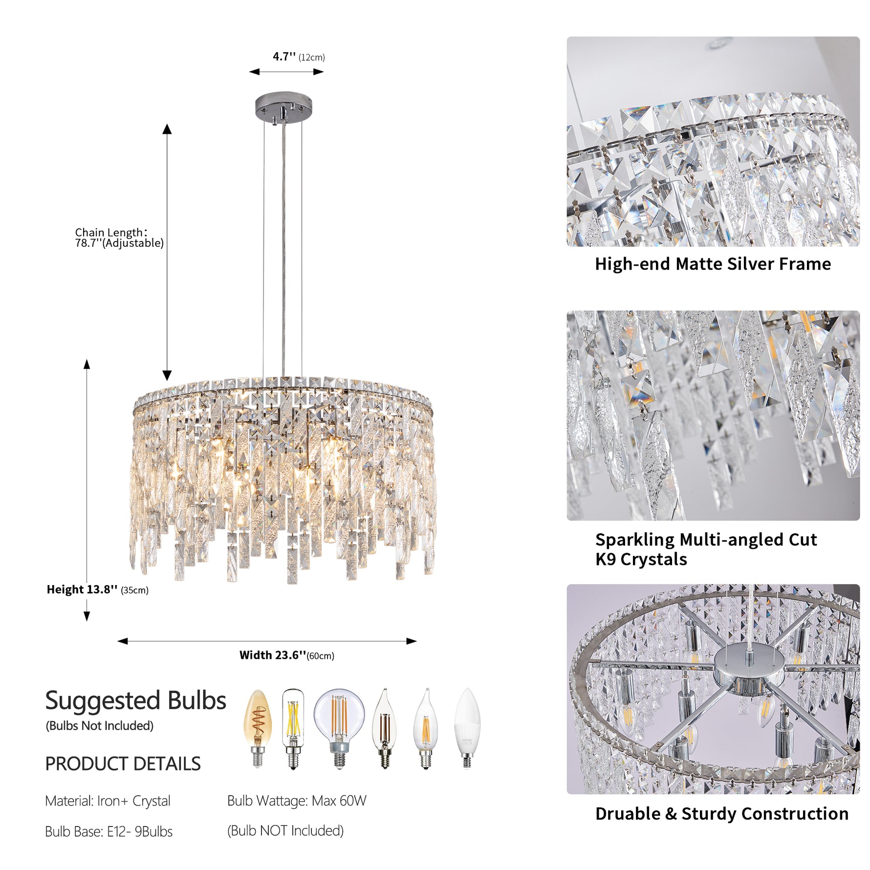 Lustre rond en cristal argenté de luxe eprolo, chandelier élégant avec pendentifs en cristal brillant et structure en métal argenté.