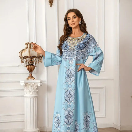 Printed Lace Detail Abaya Long Sleeved Extra Long Dress