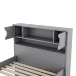 Cadre de lit plateforme eprolo double avec rangement, étagères, bibliothèques et tiroirs gris, visible avec espace de stockage intégré.