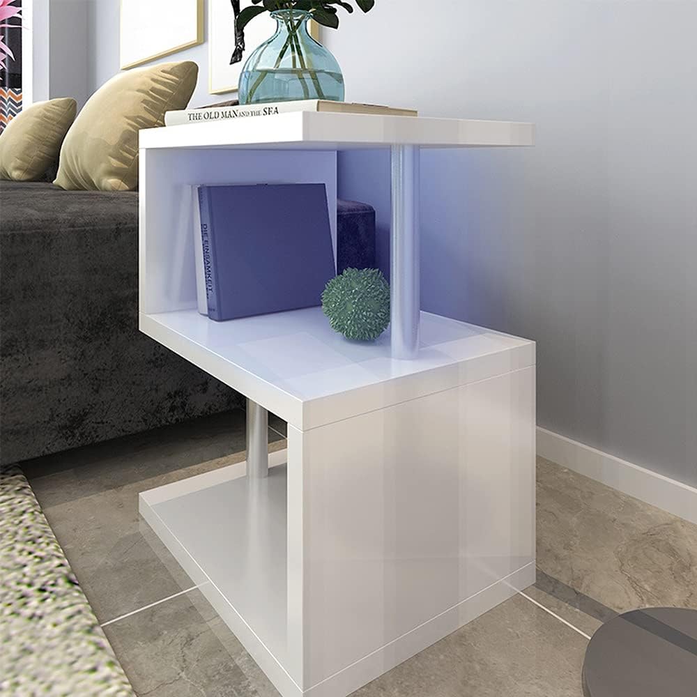 Table basse en forme de S à 3 couches, finition brillante, avec espace de rangement ouvert, ports USB et éclairage LED blanc.