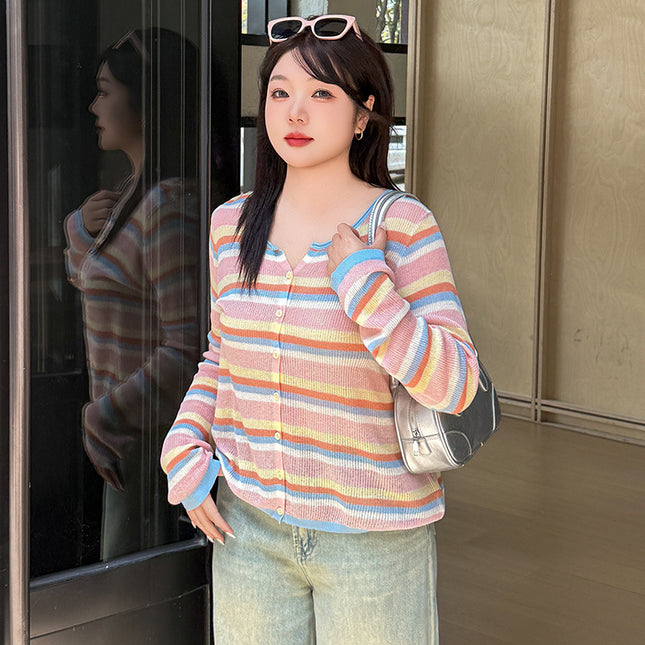 Plus Size Round Neck Color Striped Shirt Women's Thin Top
