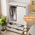 Armoire blanche pour chambre avec tringle, portes coulissantes, tiroirs et étagères ouvertes, rangement pour vêtements.